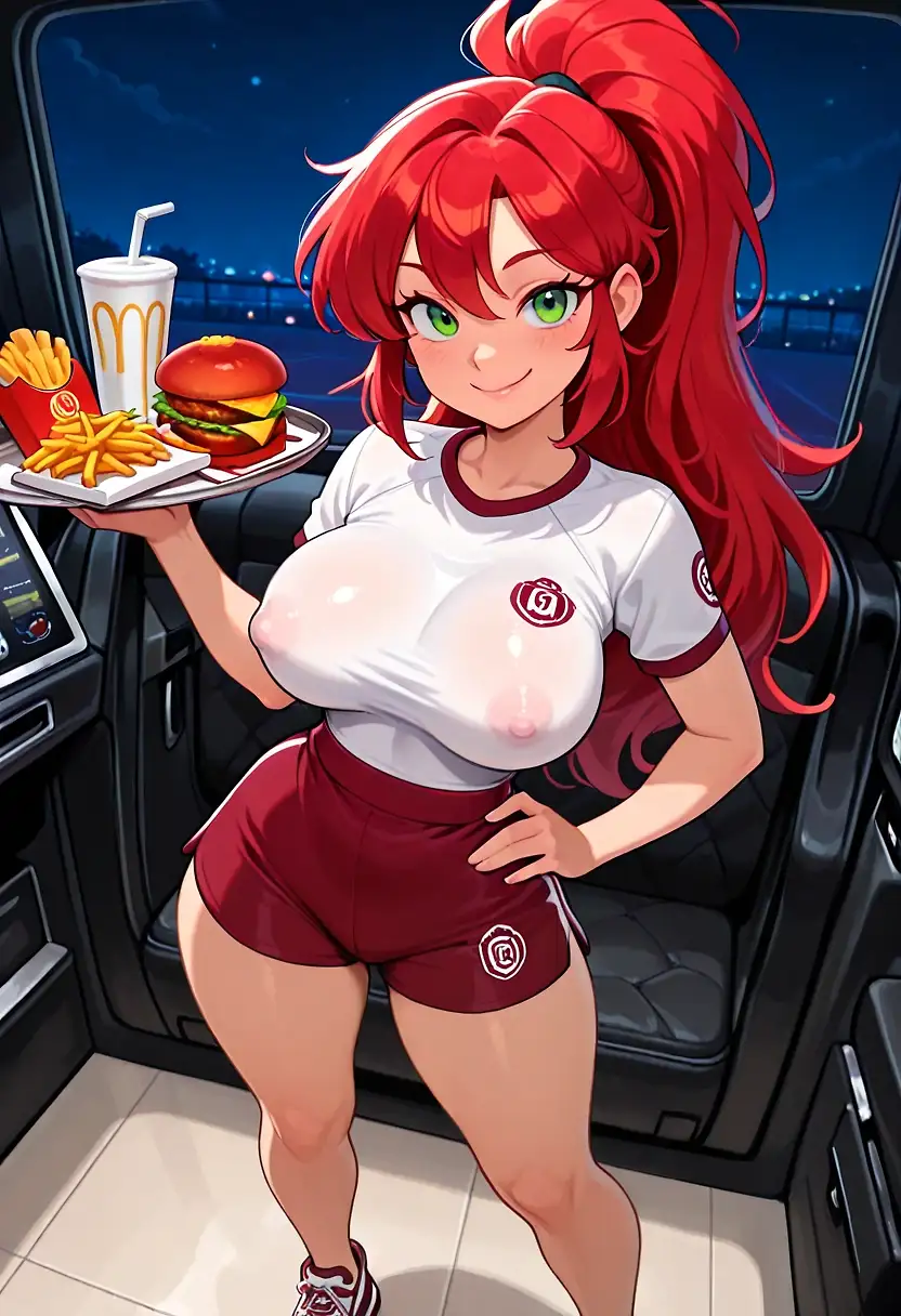 AI art 'Sports Bar Waitress Scarlett' with user description 'If you're a sports fan, chances are you've been to a sports bar. Several big-screen television monitors on the walls are broadcasting various sporting events. Sports memorabilia is also displayed on the walls. You can grab a brew (or not). You can grab some tasty finger food like chicken wings, nachos, and fried pickles. There are also the perennial standbys of burgers and fries. And there are the waitresses. Attractive women wearing sports bar logo t-shirts, shorts, and color-coordinated footwear. On a visit to a national sports bar chain, you might see someone like Scarlett. Scarlett is smart and sassy, enjoys bantering with the customers, and has great sports knowledge. She has her favorite sports teams and loves talking about various athletes. If you encounter a waitress like Scarlett, you're in for a real treat.'