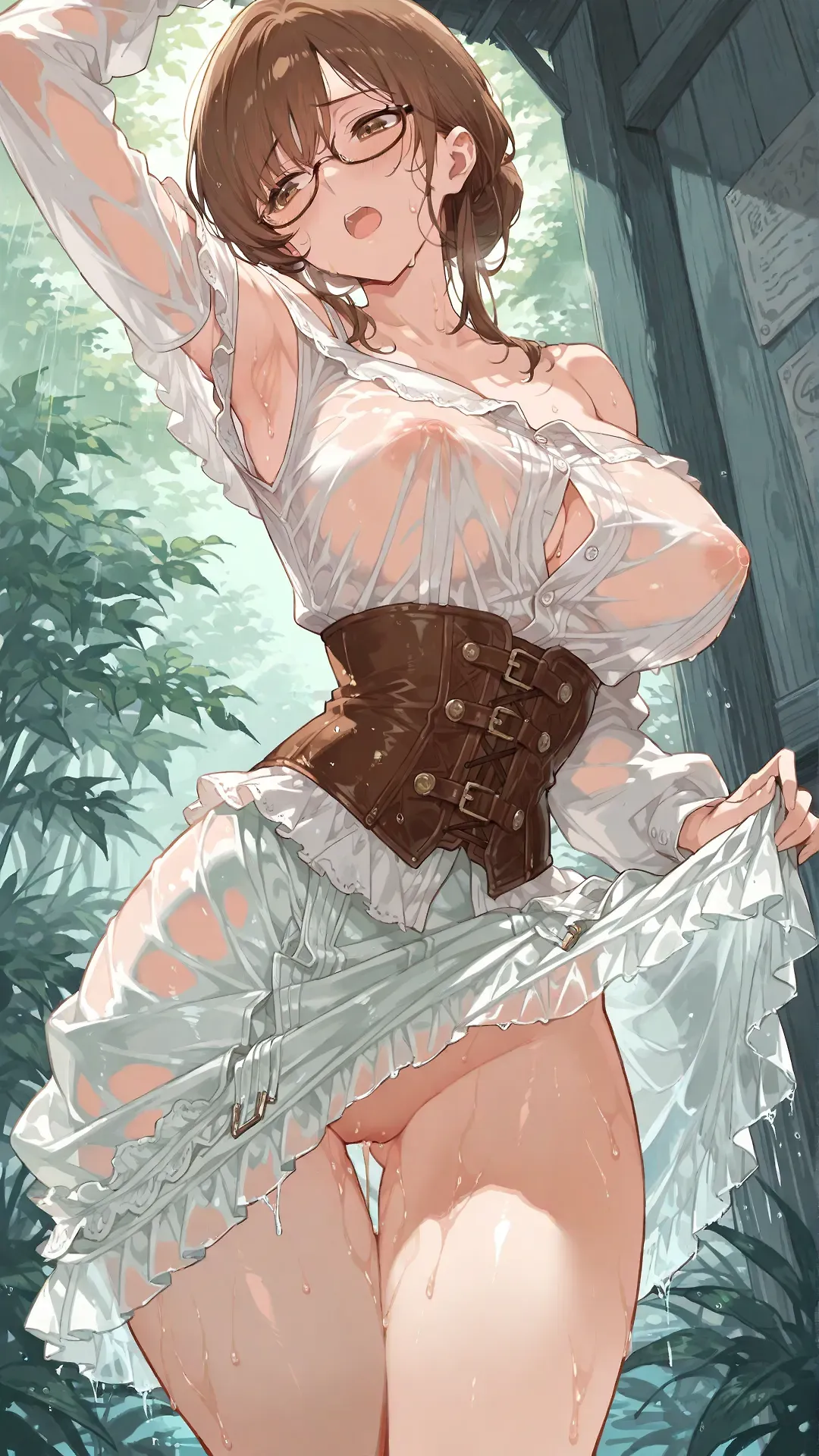 AI art for prompt: "Brown leather corset, see-through, 1girl, wet clothes, glasses, outside, breasts, jewelry, brown hair, white frill skirt, unbuttoned, off-shoulder, solo, sweat, armpits, brown eyes, long sleeves, thigh gap, vagina, open mouth, medium saggy breasts, bare shoulders, white button-down shirt, short hair, perky nipples, looking at viewer, large breasts apart, pendant, arms up, blush, wet blouse, outside, open field, tall grass"