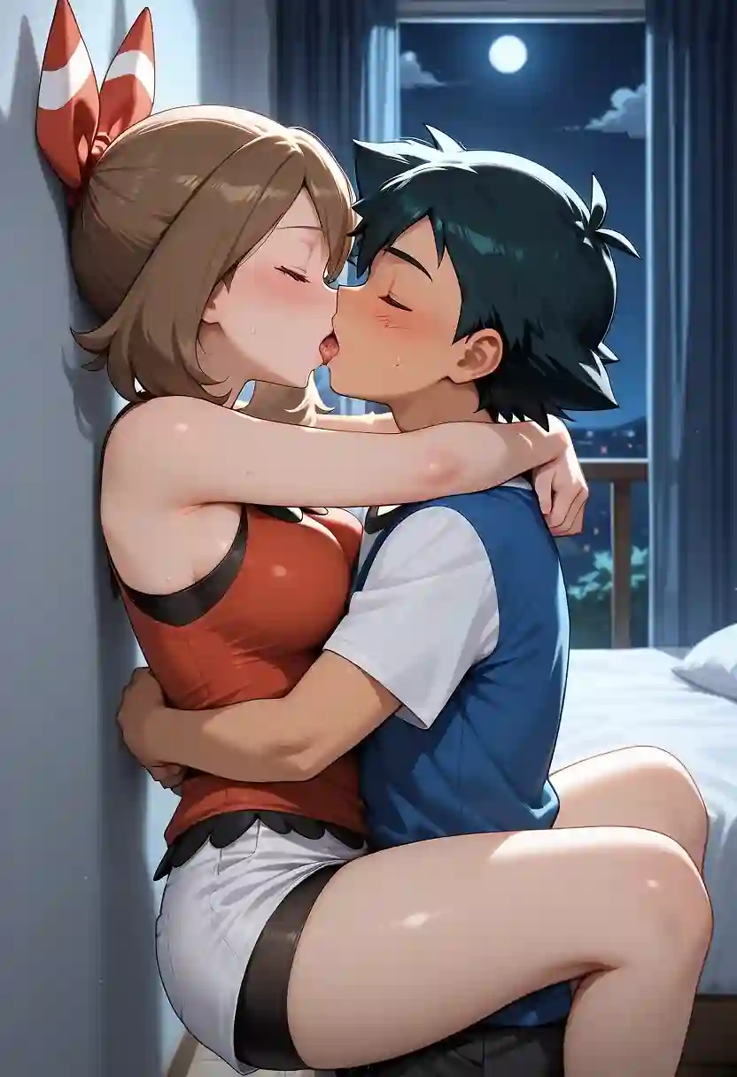 AI art 'First night together' with user description 'Ash just became champion and was celebrating it with his friends.
And that day, May and him finally confess their love for each other.
So when the night falls, they couldn't suppress their desires for each other.
A little AdvanceShipping story (my favorite couple) to celebrates the 200 followers'
