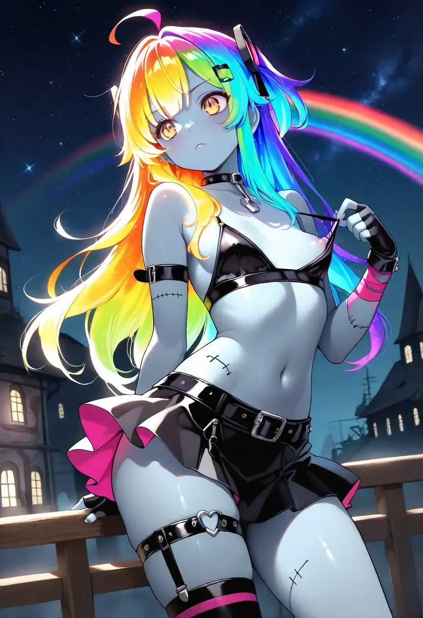 AI art 'Prismara-First Zombie OC' with user description 'Meet Prismara, my first zombie character. She is a gothic rock star, and plays any musical instrument she can find. Just be careful, her energetic and fun personality comes with a lot of…downsides? While many think it’s a costume, she really is a zombie, and she has 2 favorite snack. Both of which includes a head. If you fall for her beauty, you may not wake up in the morning. Are you willing to risk it?'