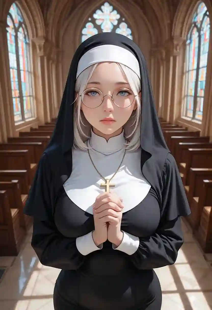 AI art 'What brings you here ?' for prompt: 'mature female, long face shape, nun outfit, nun veil, praying, inside cathedral, light skin, light blue eye, emotionless, looking at viewer, fit, front view, high angle, upper body, standing, cross necklace, headwear, white hair color, small round eyeglasses'