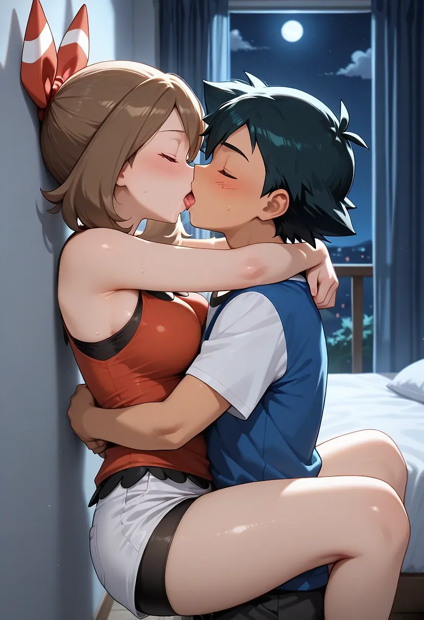 AI art "First night together" with user description "Ash just became champion and was celebrating it with his friends.
And that day, May and him finally confess their love for each other.
So when the night falls, they couldn't suppress their desires for each other.

A little AdvanceShipping story (my favorite couple) to celebrates the 200 followers"