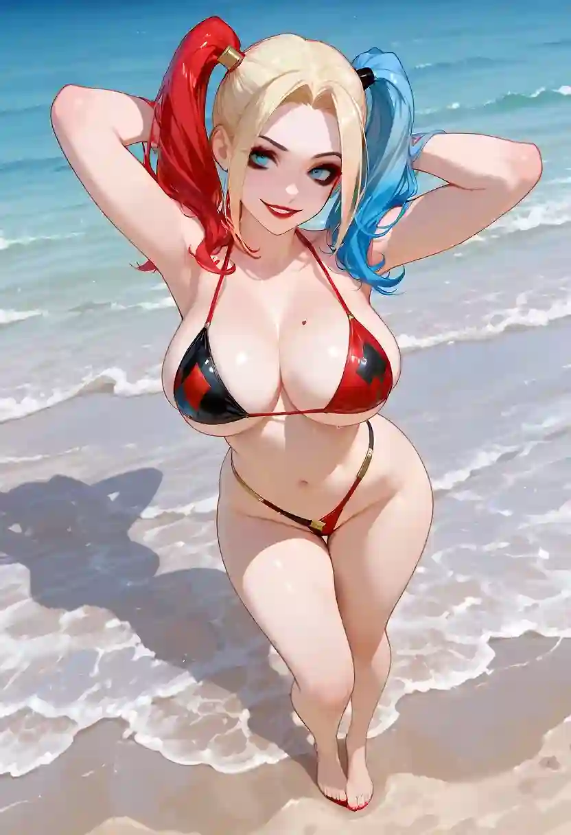 AI art 'Harley Quinn at the Beach' for prompt: 'Harley quinn from DC, big breasts, hourglass body, in small very revealing thong bikini, standing up, full body front view, on a beach shore, perfect eyes, perfect face'