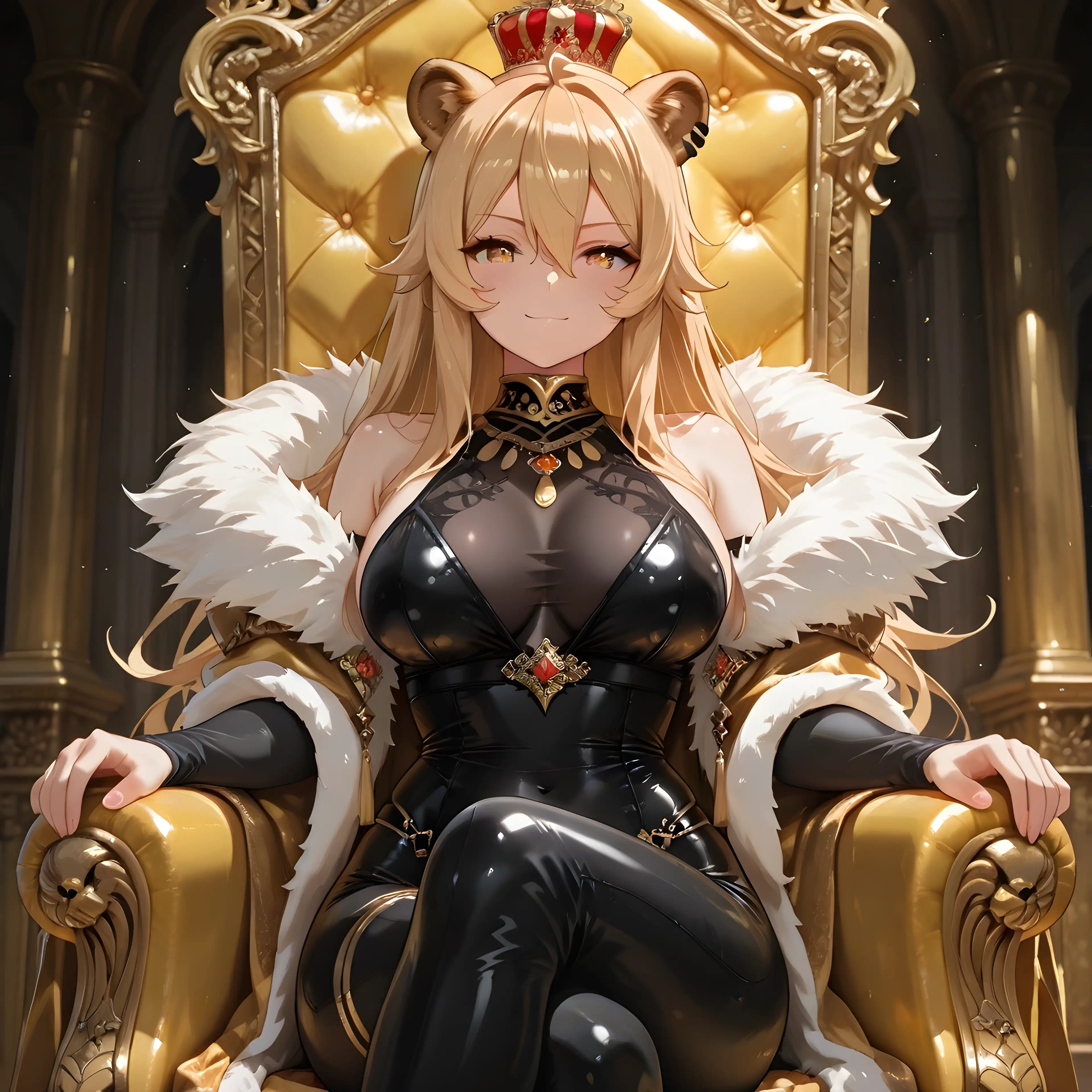 AI art 'Cat Girl Queen Sofia' with user description 'Seated upon the golden throne, Queen Sofia needs no crown to prove her worth. 👑
Grace, power, and confidence follow her every step.

Whatever is on your mind… she is far too much for you.'