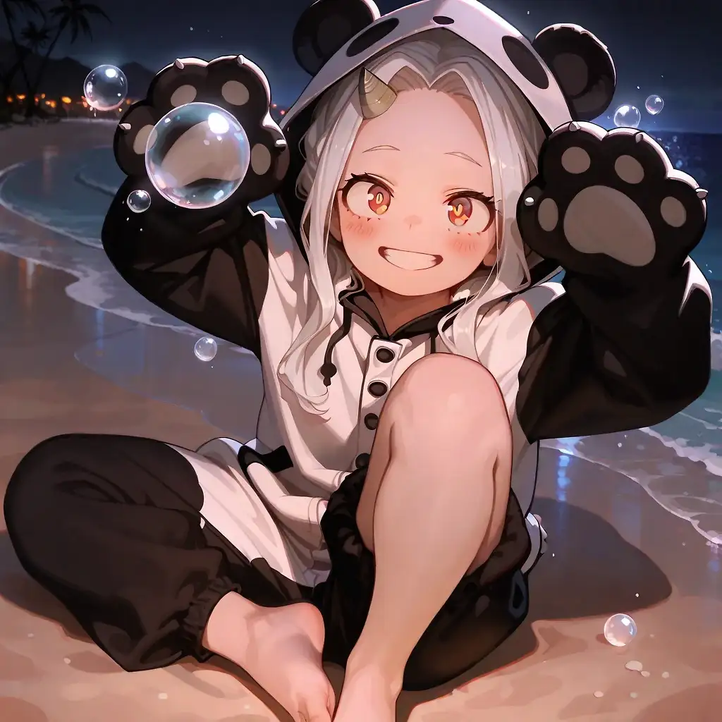 AI art 'Eri Cant go to panda Party' with user description 'The waves whispered secrets under the big Halloween moon, and I held tight to Onii-chan’s hand as we walked along the beach. Earlier that evening, everything started when I saw Uraraka-neechan getting ready for a big night party. She looked so cute in her panda girl costume—fluffy black and white with adorable ears and a big smile. My heart jumped with excitement. “Can I go too? I want to be a panda girl with you!” I begged, tugging on her sleeve. But Uraraka-neechan knelt down gently, her cheeks pink. “Eri-chan, you’re not old enough for the big party yet. It’s for bigger kids with loud music and late hours. But don’t worry—I’ll ask Deku-kun to buy you the cutest panda outfit ever and take you to the beach for a special Halloween adventure. Just you two, with candy and waves. Sound fun?”

I nodded fast, eyes sparkling. Onii-chan agreed right away, his face lighting up like a hero saving the day. He bought me the perfect panda costume: fuzzy top and pants with black ears flopping on my head, a fluffy white belly, and soft black paw mittens for my hands. No tail, and my feet stayed bare so I could feel the sand. Underneath, I wore my cute panda bikini—white with black ear patches and a little panda face—for swimming. Now here we were on Halloween night. The air was hot like summer instead of chilly, making my cheeks pink. My jack-o’-lantern bucket swung heavy with candy I’d collected door-to-door before coming here. The glowing orange light lit up the dark beach as we walked.

“Onii-chan, look!” I lifted the pumpkin high. Orange light spilled everywhere, showing all the chocolates, gummies, and wrapped treats. Deku smiled big, his green hair messy from the sea breeze. He wore a simple hero jacket over shorts, saying he didn’t need a fancy costume when protecting my smile was his best hero job.

“Eri, you’ve got enough sweets for a whole week of smiles,” he laughed softly, squeezing my hand. His voice always made me feel safe, like no bad things from before could touch me. The beach was quiet and peaceful—maybe everyone else was at parties—but the moon painted silver paths on the water. I let go and ran ahead, bare feet leaving tiny prints in the warm sand. It tickled so nicely!

The hot night made the ocean sparkle like magic. I kicked sand into little castles, then plopped down to build a bigger one with a moat around it. My panda costume got sandy on the knees, but that was okay—it was part of the fun. “Onii-chan, help! This panda needs a strong hero to dig the water part!”

Deku knelt right beside me, his hands shaping the walls carefully like a true hero. “One For All… gentle mode!” he joked, making a perfect tower with a flag from a candy wrapper. We laughed together when a tiny wave washed part of it away, splashing our feet. I scooped candy from my jack-o’-lantern and shared a lollipop with him. The sweetness mixed with the salty air felt perfect. My panda paw mittens made holding things a little clumsy, but super fun.

The water looked so inviting and cool under the Halloween lights. It was getting really hot in my fuzzy panda outfit, so I stopped by our safe spot on the dry sand. “Onii-chan, it’s too warm… I want to swim better!” I carefully pulled off the panda top and pants, folding them neatly next to my glowing jack-o’-lantern. Underneath, my panda bikini felt much lighter and cooler. My bare feet wiggled happily in the sand as I ran straight into the waves.

The first splash hit my bare legs like a happy surprise—warm water, not cold at all! I squealed and jumped, sending shiny droplets flying everywhere. The panda bikini stayed comfy while I twirled and splashed. The bare soles of my feet dug into the soft wet sand as waves tickled my toes and made me giggle.

“Come play, Onii-chan!” I waved both arms, the paw mittens left behind on the sand. He rolled up his pants and joined me, the waves swirling around our ankles. We splashed each other gently at first, then bigger until I was giggling so hard my belly hurt from happiness. He lifted me high when a bigger wave came, spinning me around like I was flying with heroes. The jack-o’-lantern sat safe on the dry sand, glowing like a friendly ghost watching over my folded panda costume.

I hugged his neck tight, water dripping from my panda bikini. “This is the best Halloween ever, Onii-chan. No scary stuff… just beach, candy, and you.” The moon smiled down, and stars twinkled like tiny All Might sparks. We played until my legs felt tired but happy—chasing foam, drawing big hearts in the wet sand with our fingers, collecting pretty shells, and counting the candies together during breaks. He told me stories about heroes who protected smiles, just like he always did for me. My bare feet left little patterns everywhere we went, like panda footprints of joy.

Later, we sat side by side on the sand, sharing more treats. I slipped my panda hoodie back on loosely over the bikini because the breeze felt nice now. Deku fixed my hair gently with caring hands.'