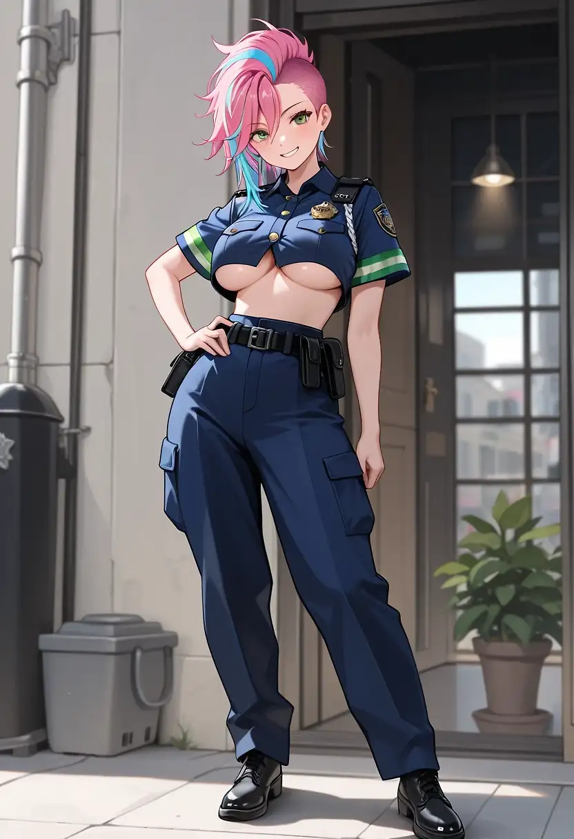 AI art 'Sera in Blue 🚨' with user description 'Thanks to @reptorn for his post: Bad Girls in Blue 🚨
After seeing it, Sera wanted to join the police too, and she was incredibly excited when she got her uniform. But she was a little shocked by how much skin it covered, so she adjusted it a bit to suit herself.
Her coworkers loved it, but in the end, she still got in trouble with the chief, who wasn’t too happy about it.
(Well, at least not officially—unofficially, he seemed more than pleased.)
When Sera got her first assignment, many criminals didn’t get very far.

@gildenstein @hollenwulf @octavian @peterco
@warmicestudios @casca_kirei-onna @heihund
@bad77 @a_casual_prompter @parda @terror2
@goobygubby @cro_bo @varcolac @smut317
@narillia @zerogroupe21 @saltymajor778 @zesoul @reptorn'