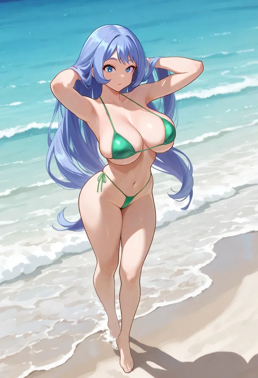 AI art "Nejire Hado at the Beach" for prompt: "Nejire Hado, long hair, big breasts, hourglass body, in small very revealing green string thong bikini, standing up, full body front view, on a beach shore, perfect eyes, perfect face"