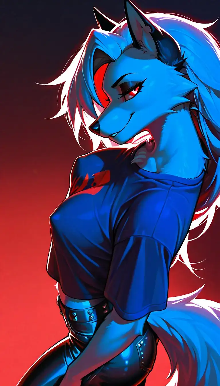 AI art for prompt: '{Loona_helovaboss}, hellhound, canine ears, furry female, fur tuft, red iris, white pupil, white fur, medium pointy breasts apart, covered nipples, clothing silhouette,teeshirt, oversized shirt, taut studded leather pants, seductive smirk, seductive pose, from above, from side, dramatic lighting, backlighting, edge lighting'