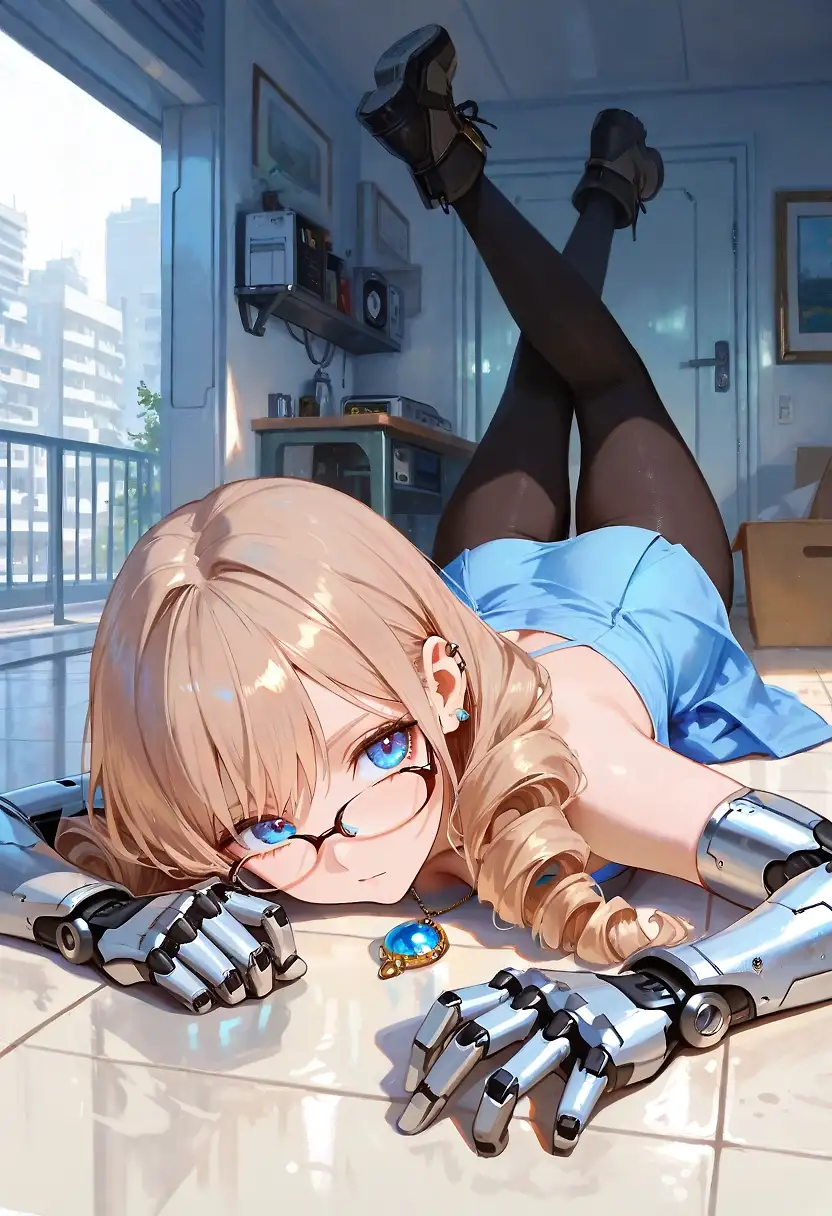 AI art 'How does this feels like?' with user description 'After the long recovery time in the hostipal Hana is happy to have some privacy. She can't wait to try out her new toys... ahhhh i mean her new arms... 😅'