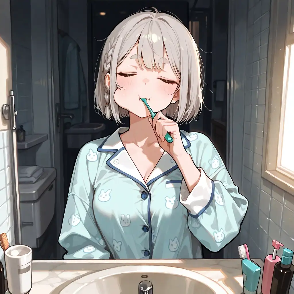 AI art 'Subplot #01 THE CLUB'S VISIT. Part 4.' with user description 'Back from vacation, it's time to start all over again with the girl; that's how Elena begins her day before work.
She wakes up, brushes her teeth, and gets ready for a quick, thorough shower, cleaning even the most hidden places. Then she gets dressed, still sleepy, to start the day.'