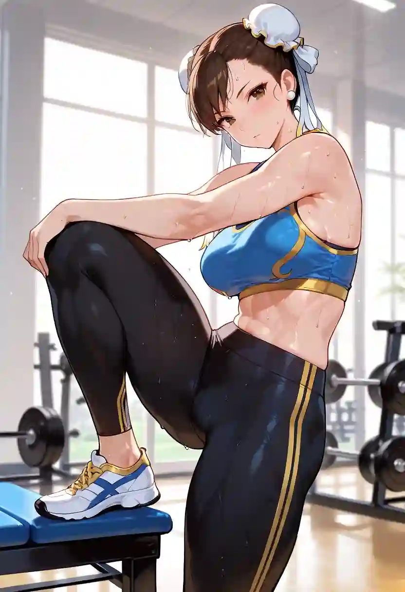 AI art 'Chun Li my queen during her workout' with user description 'Look, I usually don't call girls "queen" without a valid reason, but THIS IMAGE I generated... yes, she's my gym queen now ahahah'