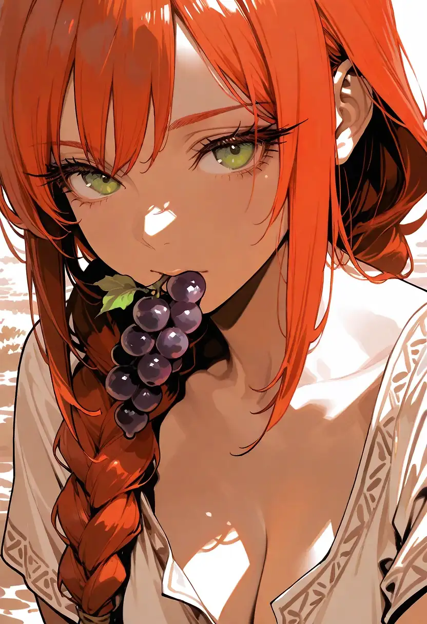 AI art '“The Wine Maker’s Daughter"' with user description '“It is said that men who have tasted her lips don’t ever go back to being the same again.
 It is said that the juice from her grapes is so intense that men who have been with her have gone mad out of love and lust, seduced by those green emerald eyes, trapped in the enchanted liquor dripping from her inner thighs. 
🍇
Beware, if she ever asks you for help, one squeeze, one drop of that wine and you’ll be her slave, forever”
🍇'