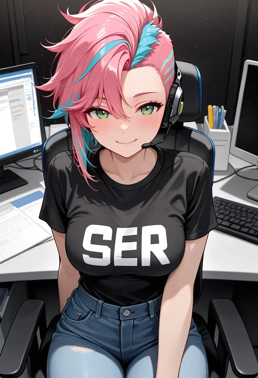 AI art 'Sera Does Customer Service' with user description 'Since @azariel was curious about possible jobs for Sera, I thought, "What if Sera worked as a customer service rep in a call center?" Sera could be happily chatting with customers, answering questions, and providing useful information. Sera's voice would have a nice musical quality, putting customers at ease as she talks with them.'