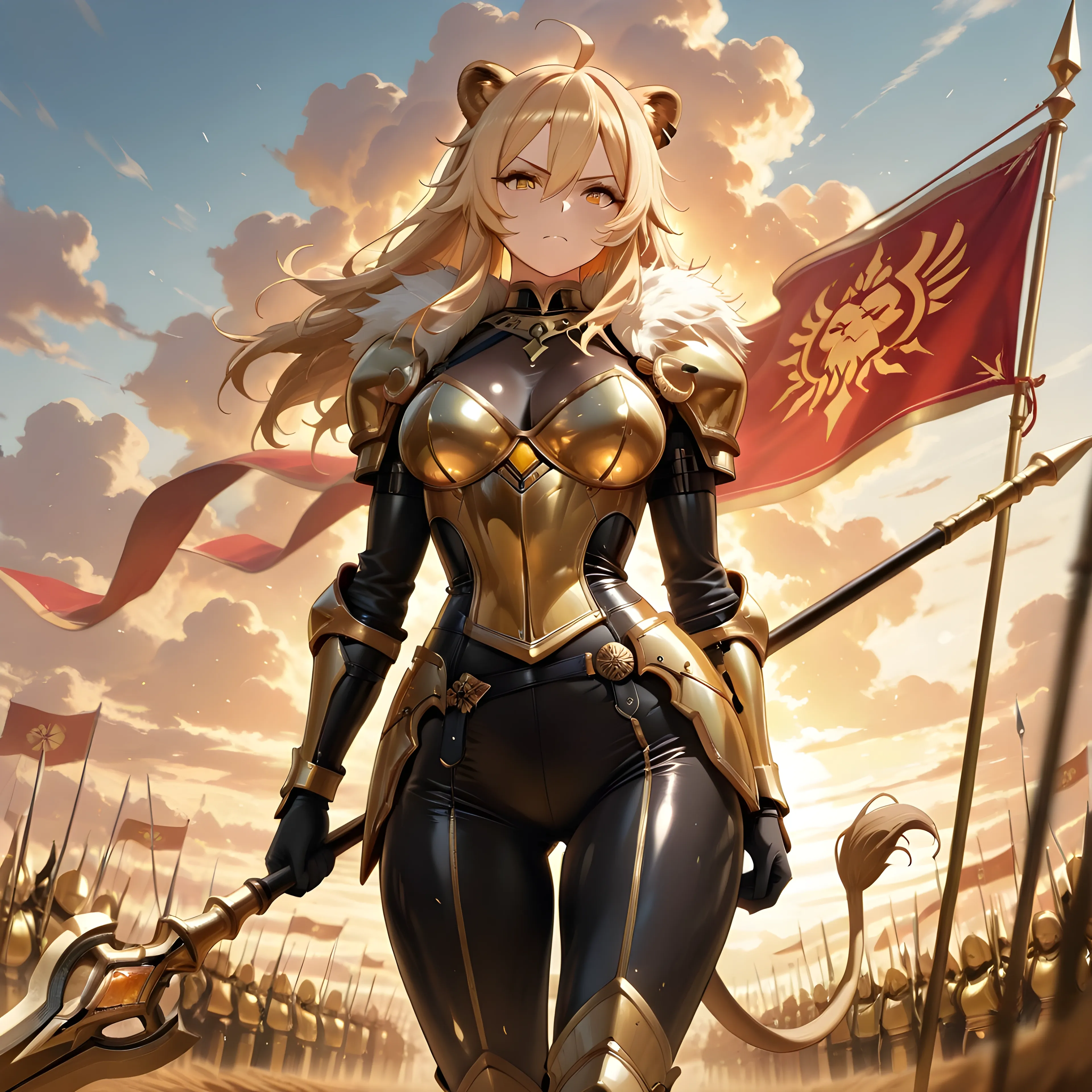 AI art "Queen Sofia: The Price Yet Unpaid" with user description "They saw a queen marching toward glory.

Sofia saw the price waiting beyond the horizon.

Glory belongs to history.
Responsibility belongs to those who must create it.

And when dawn called her name, she walked first.

@gildenstein @octavian @peterco @warmicestudios @bad77 @blackhairedstudent @parda
I hope you like the little story I’m trying to build here. A tiny bit more for the gooners is coming in the next post 🤤"