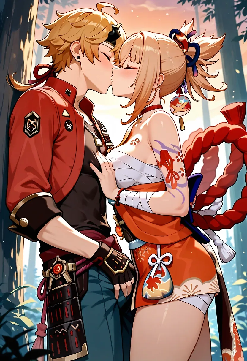 Thoma and Yoimiya in the forest