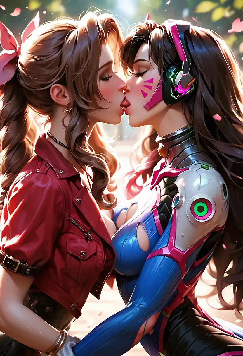 AI art for prompt: 'D.va aerith 2 girls kissing breasts ripped clothes'