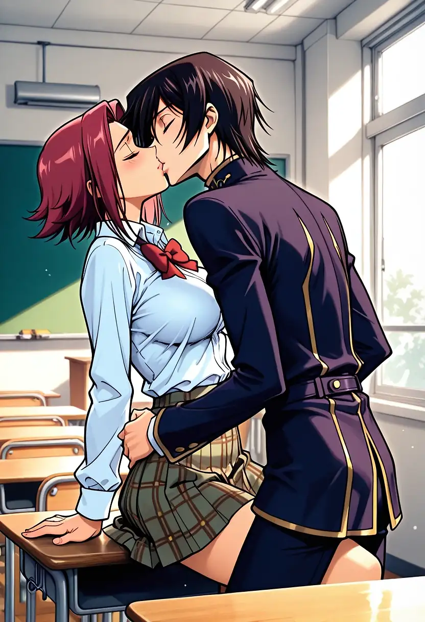 AI art 'Lelouch Vi Britannia and Kouzuki Kallen' with user description 'a student meeting that goes wrong'