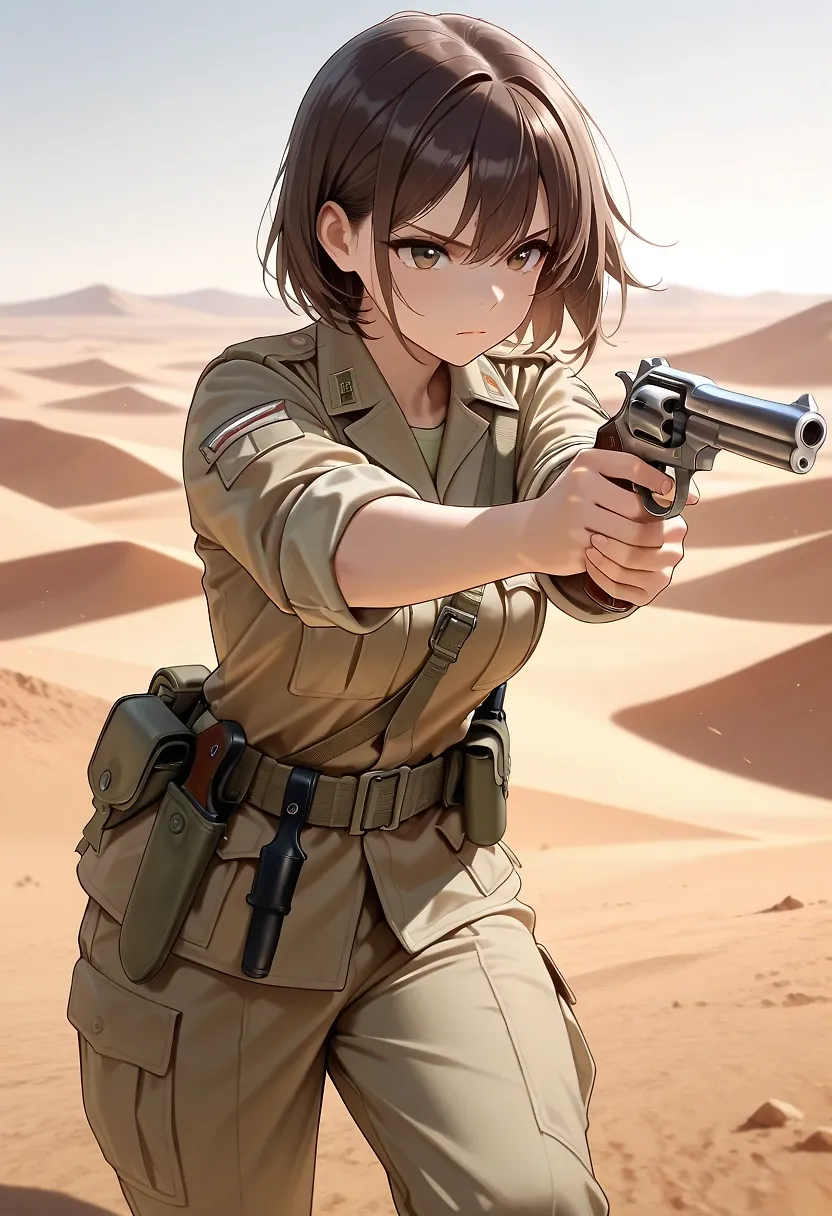 AI art "Desert Showdown" with user description "Captain Felicia Snowdon, SOE operative, has been pursuing an enemy agent in the North African desert. The enemy agent reportedly has sensitive information regarding Allied military capabilities and must be found and stopped. Capt. Snowdon, closing in on the enemy agent's location, is taking no chances..."