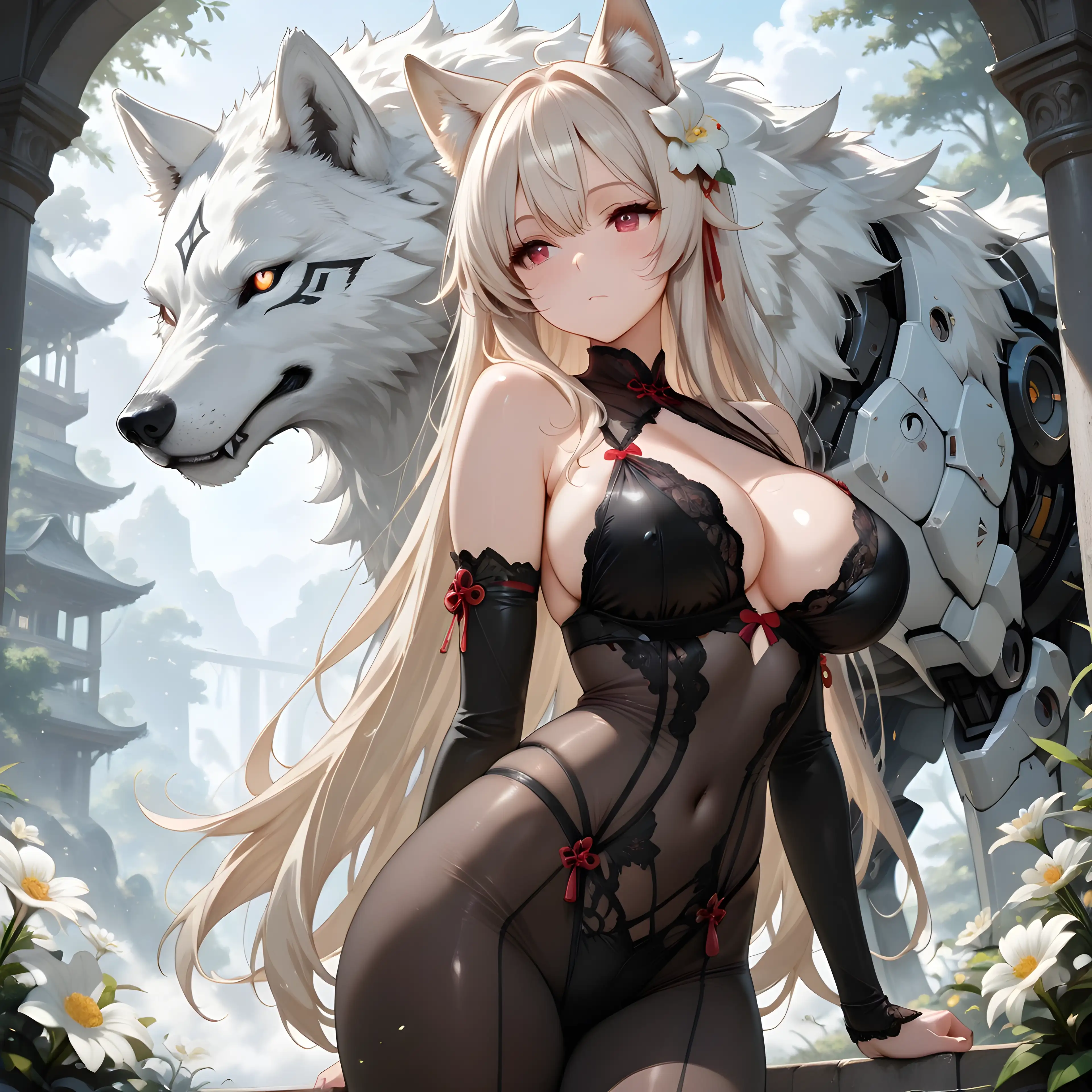 AI art 'The Maiden and the Wolf' with user description 'Beneath forgotten blossoms,
The wolf watches.
She remembers what the world chose to forget.'