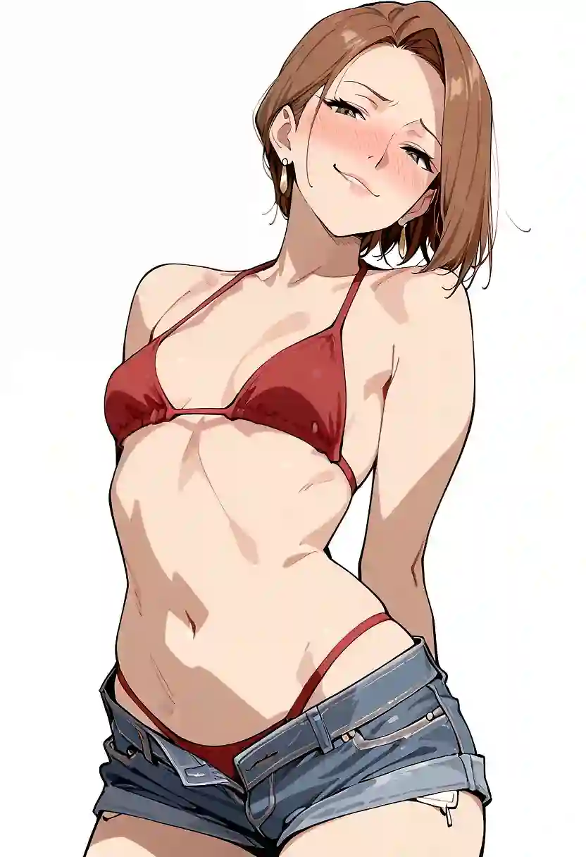 AI art for prompt: 'mature, masterpiece, mature female, old woman, milf, 1girl, brown hair, brown eyes, denim shorts, red bikini top, looking at viewer, smirk, nose blush, anime coloring, white background, solo, small breasts, wide hips, toned, cowboy shot, short hair, straight hair'