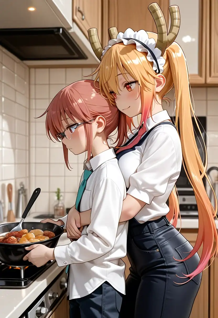 AI art 'Kobayashi work day. Part 3.' with user description 'When Kobayashi finally stumbled through the door, still flushed and tipsy from the bar, Tohru was already waiting in her maid outfit. The dragon girl’s eyes lit up as she pulled Kobayashi into a tight, loving hug, pressing her massive breasts firmly against her. “Welcome home, Kobayashi-san~” she purred, nuzzling her neck.

They moved to the kitchen together, Tohru hugging her from behind while they cooked. Kobayashi’s cheeks stayed red as Tohru’s hands wandered affectionately over her waist and hips, occasionally squeezing her ass through her tight jeans. Soft kisses landed on her neck between stirring the pan.

Later in the bedroom, things grew heated. Tohru gently pushed the drunk Kobayashi onto the bed and took control, stripping her slowly. She topped her with warm, passionate yuri love — kissing her deeply, sucking on her heavy breasts, and grinding against her until Kobayashi was moaning. Tohru’s skilled fingers and tongue brought her to powerful, shuddering climaxes, their sweaty bodies pressed tightly together in blissful release.'