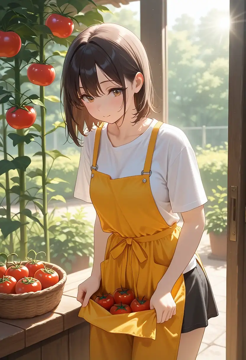 AI art '🧂🌞  First tomatoes (Salty Sundays)' with user description 'Lina C. Morgan never thought growing tomatoes in her backyard was going to be this satisfactory. She's thinking how much marmalade she can prepare.'