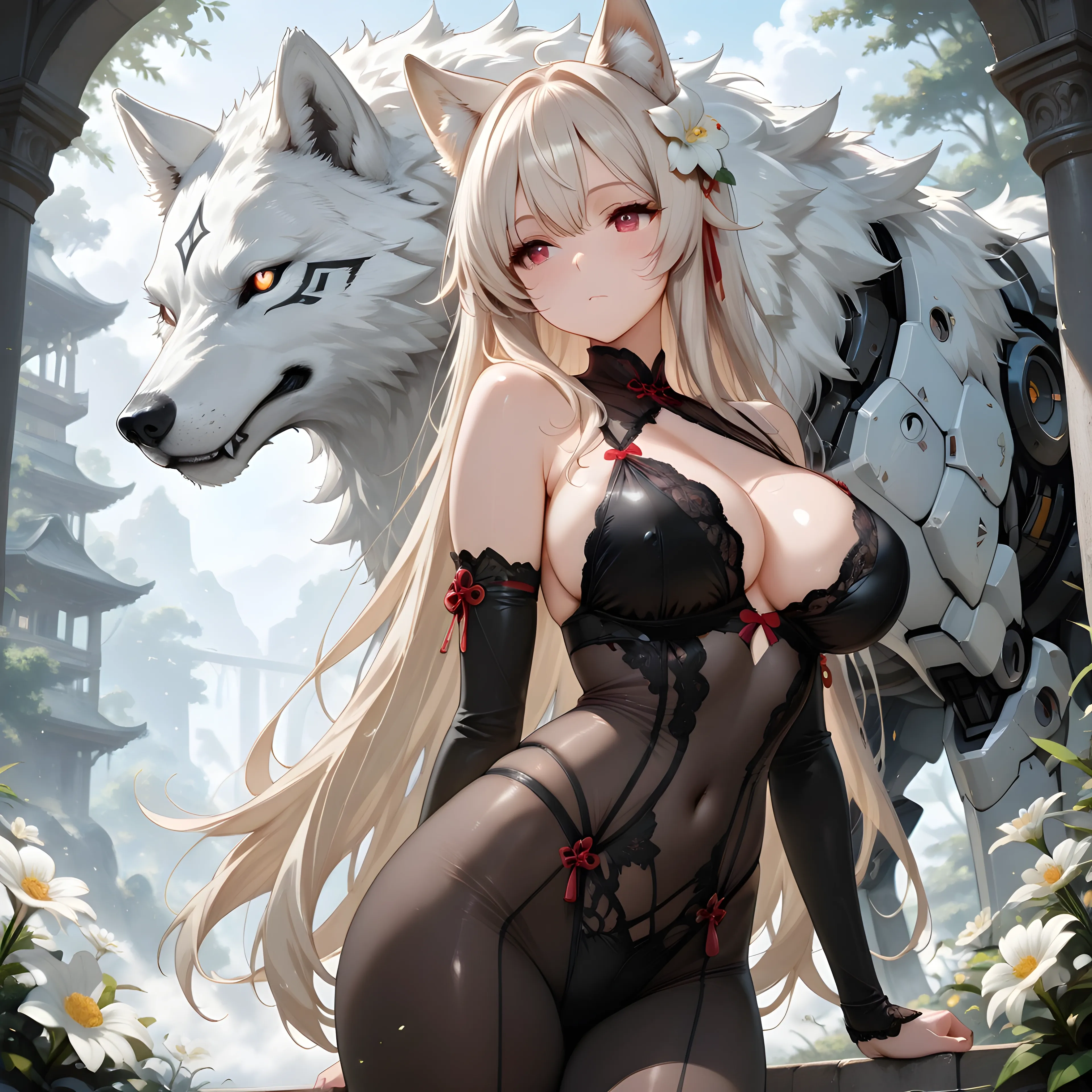 AI art "The Maiden and the Wolf" with user description "Beneath forgotten blossoms,
The wolf watches.
She remembers what the world chose to forget."
