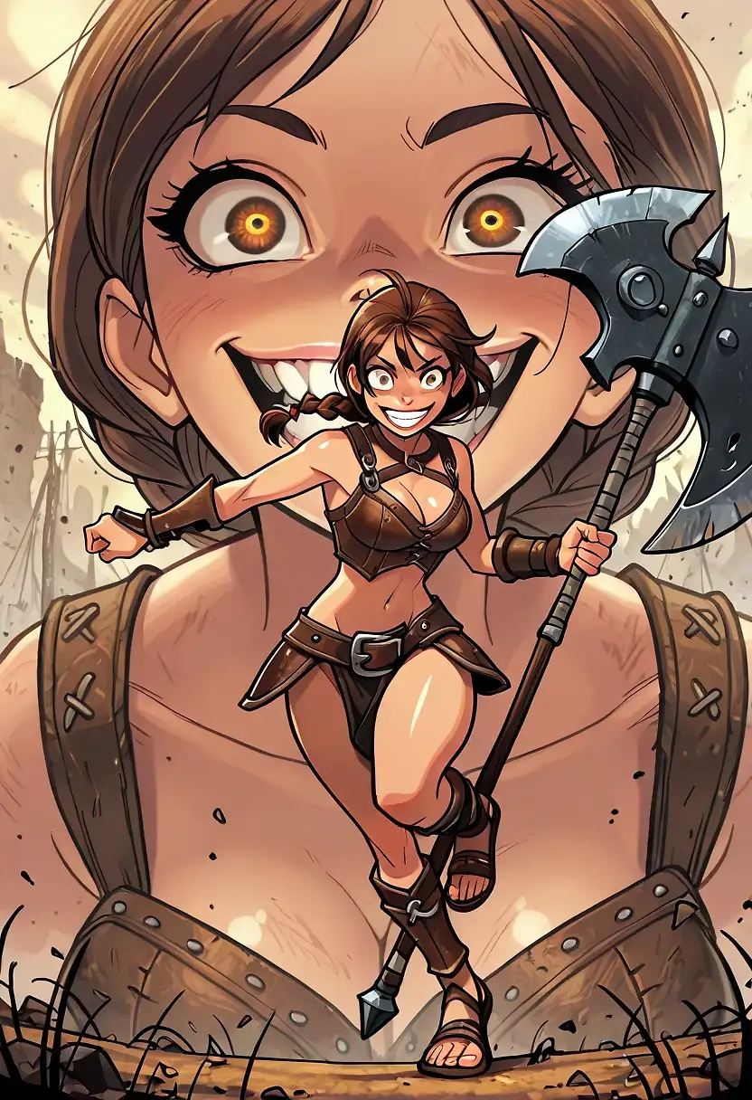 AI art 'Berserker Warmaiden' with user description 'The assault upon the northern raiders had left its mark upon Signe. A usually disciplined warrior, Signe became battle-crazed, attacking the foes with maniacal abandon, eager to hear their cries for mercy. There was no stopping her; only the total annihilation of the enemy or her own death could end this madness.'
