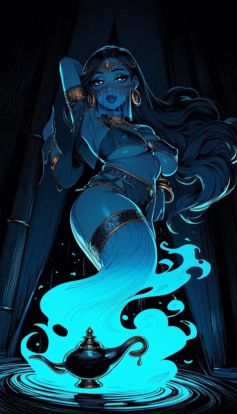 AI art 'Genie from the lamp' with user description 'For centuries she had answered prayers unlike any mortal ever could. Kings begged for victory. Scholars pleaded for wisdom. Lovers longed for reunion. She had granted miracles with unwavering resolve, never allowing emotion to cloud her judgment.

But this wish...

This one left her silent.

"I don't want riches," he had said.

"I don't want power."

"I don't even want immortality."

He stepped closer, his expression carrying neither arrogance nor desperation.

"I wish for one evening with the real you."

She blinked.

"That... isn't how wishes work."

"You can grant impossible fortunes."

"Yes."

"You can reshape kingdoms."

"Yes."

"You can bend reality itself."

She folded her arms.

"Correct."

"Then that's my wish."

"You don't understand what you're asking," she whispered.

"I think I do."

"If I grant this wish..."

Her voice trembled for the first time in centuries.

Silence filled the room.

She had crossed galaxies.

Witnessed empires rise and crumble.

Yet one mortal's simple request unraveled every certainty she possessed.

"The real me isn't part of the bargain," she said quietly.

"It is now."

She searched his face for deception.

There was none. Only curiosity. And kindness. A sigh escaped her lips.

"I suppose..." she murmured, "...a wish is a wish."

With a gentle wave of her hand, the magical aura surrounding her faded. The brilliant glow diminished, and even the swirling smoke disappeared.

She stood before him not as an all-powerful genie...

But simply as Lyra.

A woman who hadn't lived an ordinary day in a thousand years.

"So..."

She smiled awkwardly.

"What do normal people do?"

He laughed.

"Let's find out."

They wandered through a bustling marketplace where she eagerly sampled fruit she had never tasted despite centuries of granting wishes. She laughed at street performers, marveled at musicians, and became fascinated by the simplest things. Fresh bread, children's games, and the warmth of sunlight that wasn't created by magic.

"You know," she admitted as they sat beside a quiet fountain, "I've given people oceans of gold."

"And?"

She smiled.

"This pastry is making me just as happy."

They spent the afternoon exchanging stories.

She spoke of forgotten civilizations, stars that no longer existed, and empires buried beneath the sea.

He spoke of family dinners, fishing with his grandfather, and watching the seasons change from the same hill every year.

To her surprise...

His stories felt grander. 

Then he grab her by the hand, looking directly into her eyes.

"I have another wish, I wish to have passionate sex with you, " he sad.

She blushed. She tried to speak but the words would not come out.

She was not prepared for what he wished for, but her will was not strong enough to deny his wish.

So, fulfilling his wish, she did.

She nodded and he took her back to his place.

There he explored every hole of her body. Feeling that she never explored before washed over her like waves on a beach.

Minutes seemed like hours as time went by.

As twilight painted the sky in shades of amber and violet, the magic of the wish began to fade.

Blue light shimmered around her once more.

The lamp was calling.

"I suppose this is goodbye," he said.

"For now."

She hesitated.

Genies weren't supposed to hesitate.

"You know," she said softly, "I've granted millions of wishes."

He smiled.

"But this was your favorite."

She nodded.

"It was the first one that gave me something in return."

The lamp's magic enveloped her completely.

Before disappearing into swirling sapphire light, she offered one final smile.

"Should fate ever place this lamp in your hands again..."

She winked.

"...don't waste a wish on gold."

Then she was gone.

The marketplace returned to normal.

The fountain continued to flow.

But somewhere within an ancient lamp, a genie who had spent centuries making dreams come true found herself smiling.

Because, for one unforgettable day, someone had wished not for magic...

But for her.'