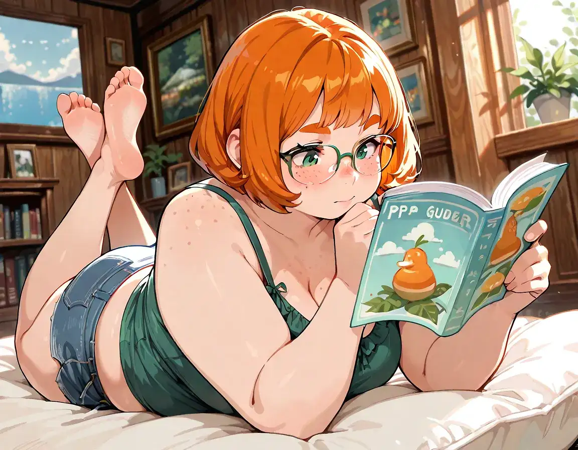 AI art 'Reading makes Sasha sleepy' for prompt: 'PP2, chubby, plump, fat_rolls, ginger, thick_eyebrows, freckles, cleavage_freckles, bobcut, reading, glasses, medium_breasts, casual_clothes, barefoot, elaborate_background, whole_body, feet_up, relaxing'
